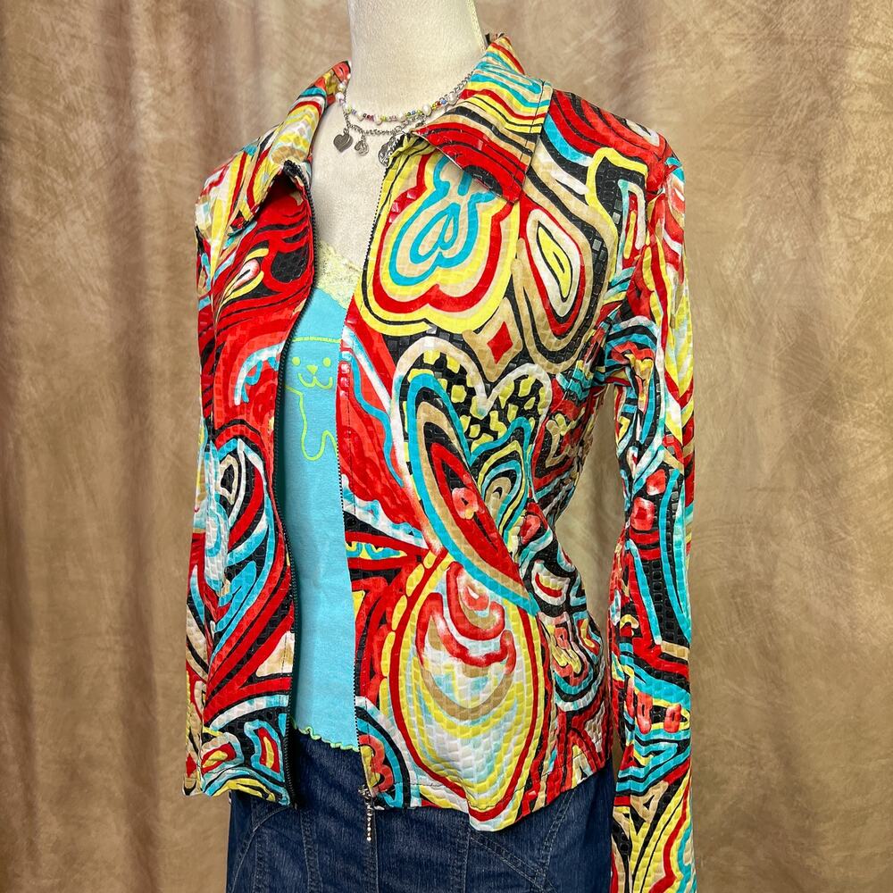 Vintage Y2K Psychedelic Print Moto Jacket Multicolor Vinyl Sequined Maximalist